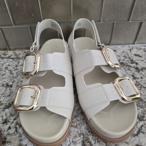 Time And Tru White Buckle Strap Sandals with Gold Hardware